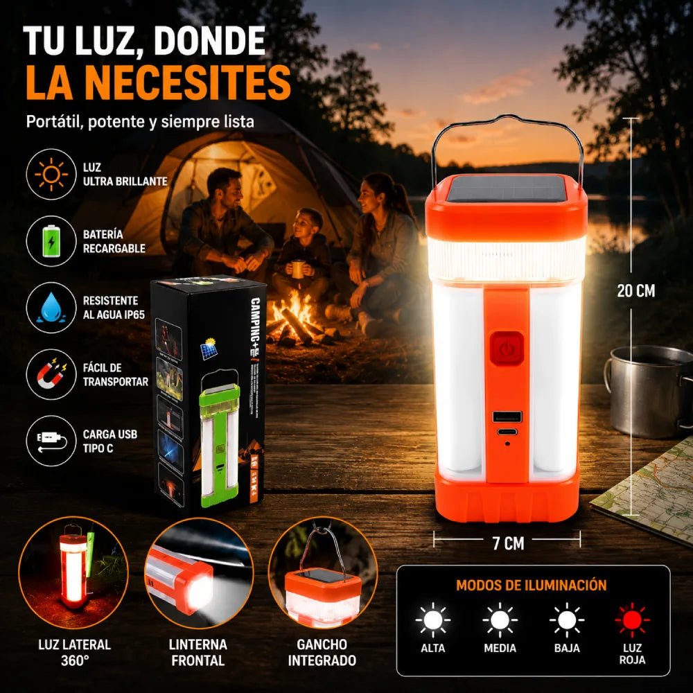 Carga solar y USB linterna emergencia portátil para camping y apagones – Olimantech