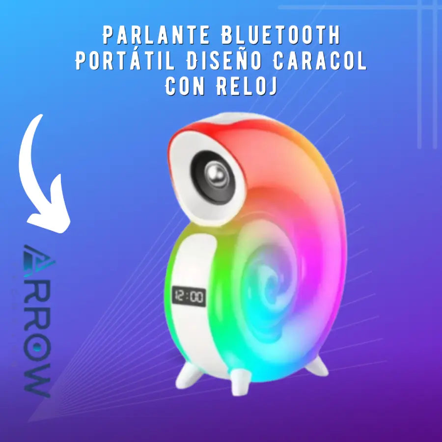 Parlante Bluetooth portátil con diseño de caracol y reloj integrado, ideal para disfrutar de música sobre la marcha con estilo y funcionalidad
