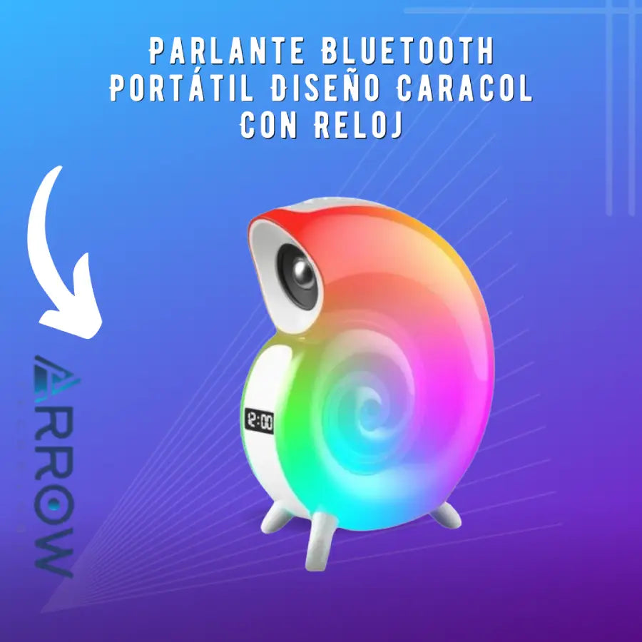 Parlante Bluetooth portátil con diseño de caracol y reloj integrado, ideal para disfrutar de música sobre la marcha con estilo y funcionalidad