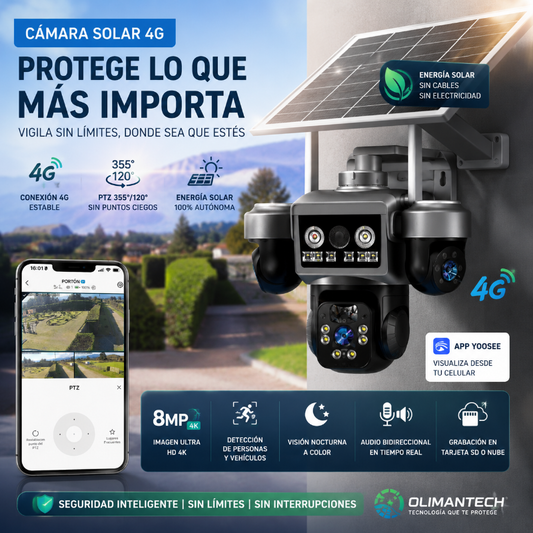 Cámara Solar 4G Triple Lente PTZ | IA + Sirena Disuasiva | Sin WiFi | Parcelas Chile