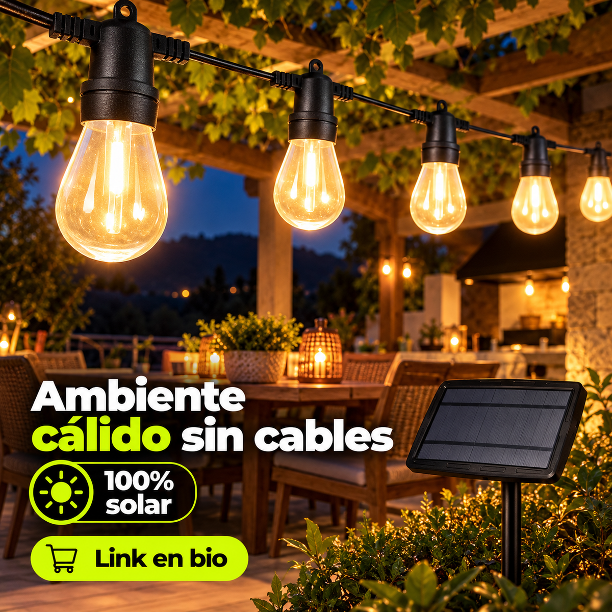 Ambiente cálido de exterior con la guirnalda solar LED de 10 metros encendida