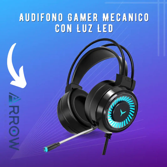 Audífono gamer mecánico con luz LED, diseñado para una experiencia de sonido envolvente y comodidad durante largas sesiones de juego.