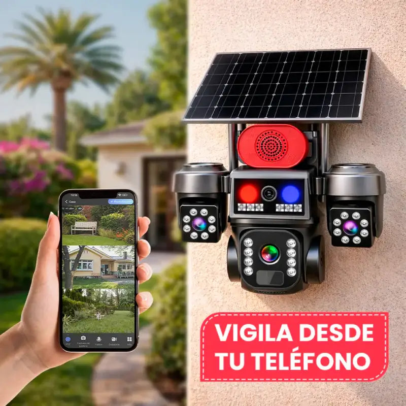 Cámara Solar Seguridad Triple Lente 4G PTZ — Visión Nocturna IP67 con Audio Bidireccional