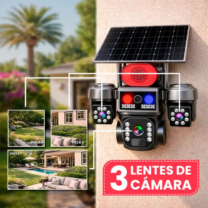 Cámara Solar Seguridad Triple Lente 4G PTZ — Visión Nocturna IP67 con Audio Bidireccional