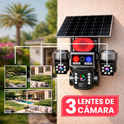 Cámara Solar Seguridad Triple Lente 4G PTZ — Visión Nocturna IP67 con Audio Bidireccional