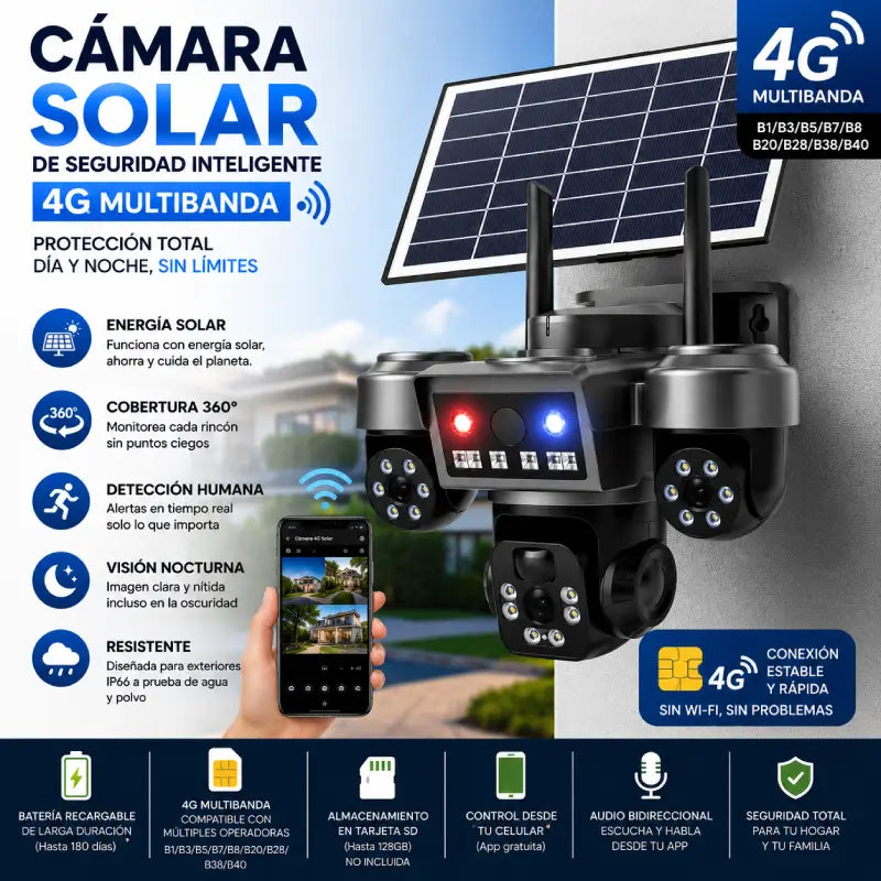 Cámara Solar 4G Triple Lente PTZ | Con Chip | Sin WiFi | Seguimiento IA | Parcelas Chile