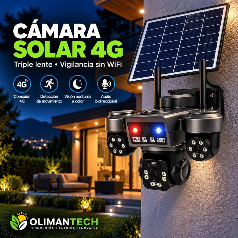 Cámara solar 4G triple lente PTZ con sirena y luces disuasivas, sin WiFi