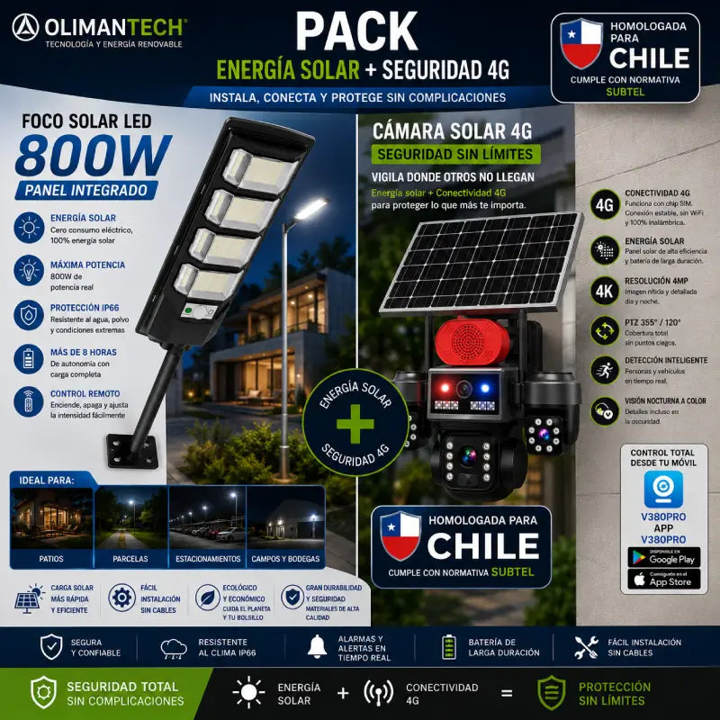 Combo Seguridad Solar Premium | Cámara 4G Triple Lente Homologada + Foco Solar LED 800W | Parcelas Chile