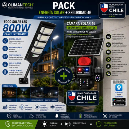 Combo Seguridad Solar Premium | Cámara 4G Triple Lente Homologada + Foco Solar LED 800W | Parcelas Chile