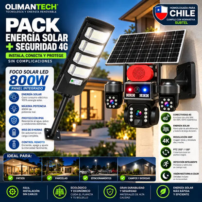 Combo Premium: Cámara Solar 4G Triple Lente + Foco Solar LED 800W – Olimantech