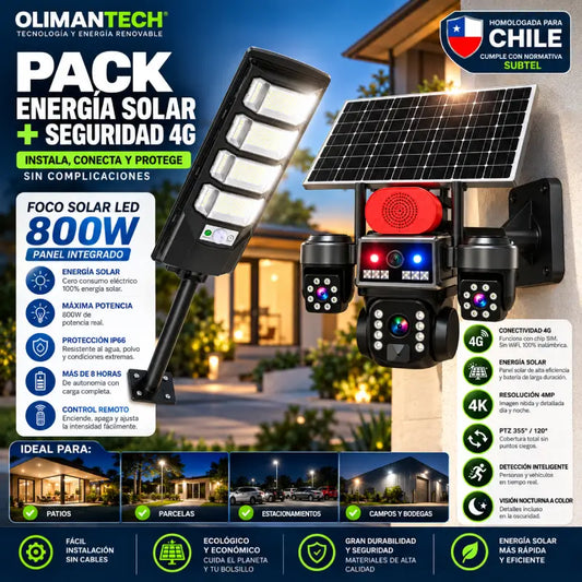 Combo Premium: Cámara Solar 4G Triple Lente + Foco Solar LED 800W – Olimantech