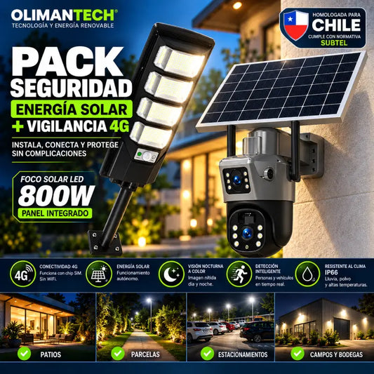 Combo Cámara Solar 4G Doble Lente + Foco Solar LED 800W – Olimantech