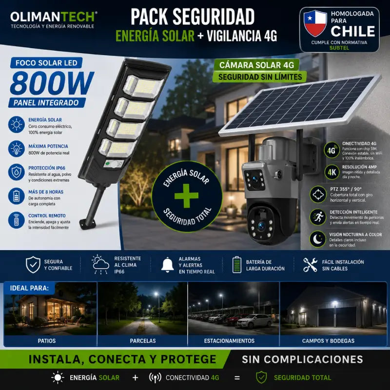 Combo Seguridad Solar | Cámara 4G Doble Lente Homologada + Foco Solar LED 800W | Parcelas Chile