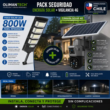Combo Seguridad Solar | Cámara 4G Doble Lente Homologada + Foco Solar LED 800W | Parcelas Chile