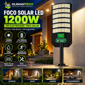 Foco Solar LED 1200W IP66 | Panel Posterior Integrado | +8 Horas | Sin Electricidad