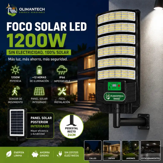 Foco Solar LED 1200W IP66 | Panel Posterior Integrado | +12 Horas | Sin Electricidad