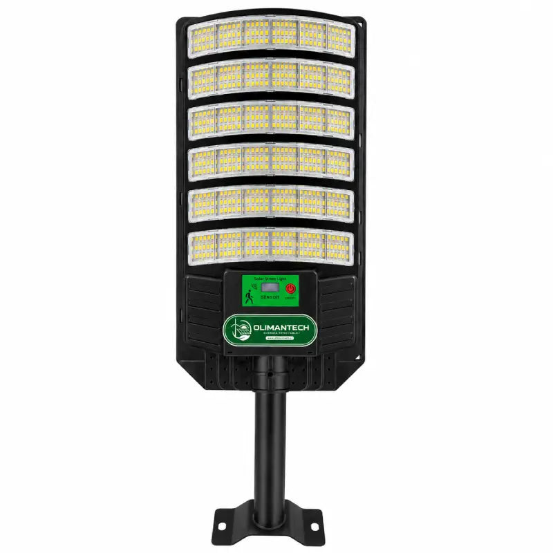 Foco solar LED 1200W IP66 con panel posterior y sensor de movimiento, fondo blanco - Olimantech