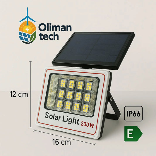 Foco Solar LED 200W con Panel Solar y Batería – Iluminación Autónoma para Exteriores | Olimantech
