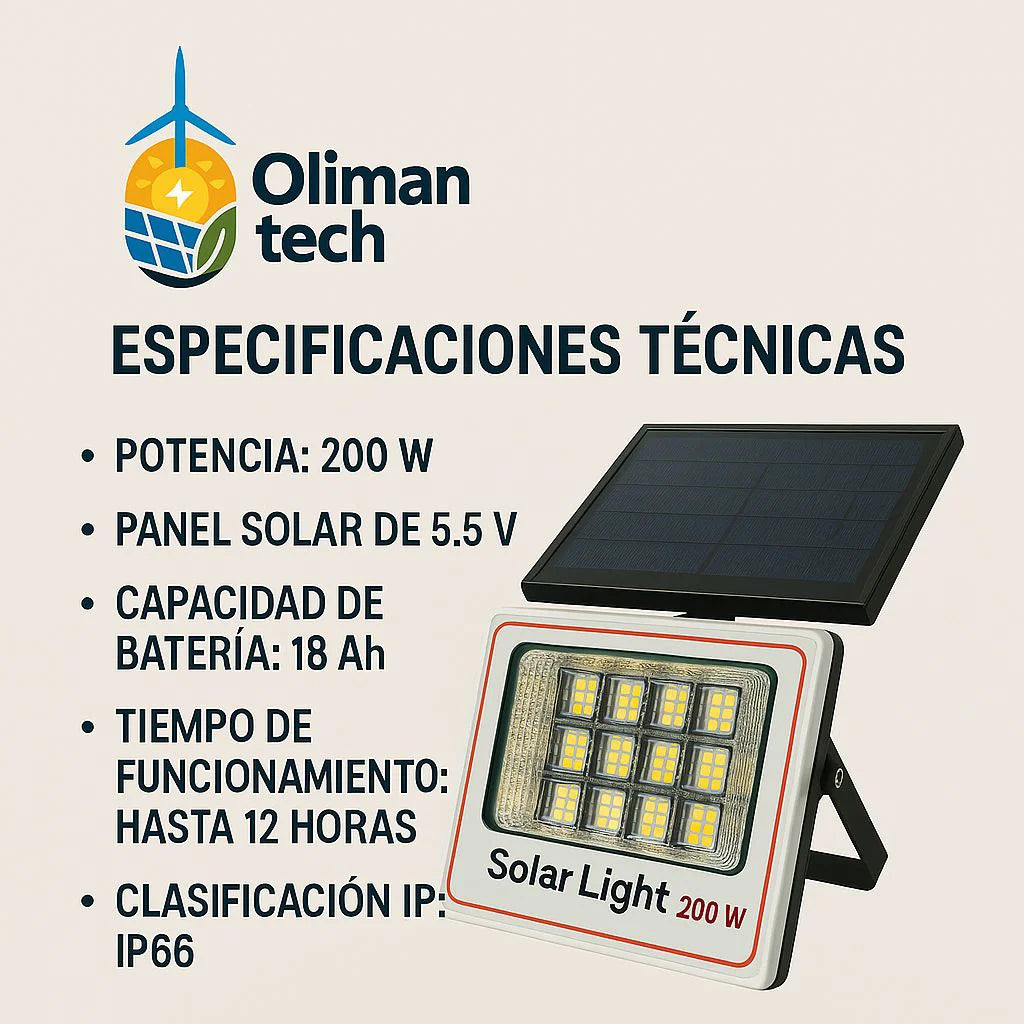 Foco Solar LED 200W con Panel Solar y Batería – Iluminación Autónoma para Exteriores | Olimantech