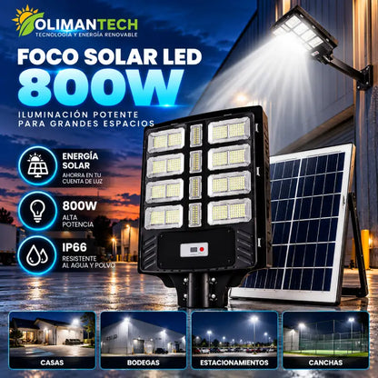 Foco solar LED 800W con pedestal en funcionamiento al exterior sin electricidad – Olimantech