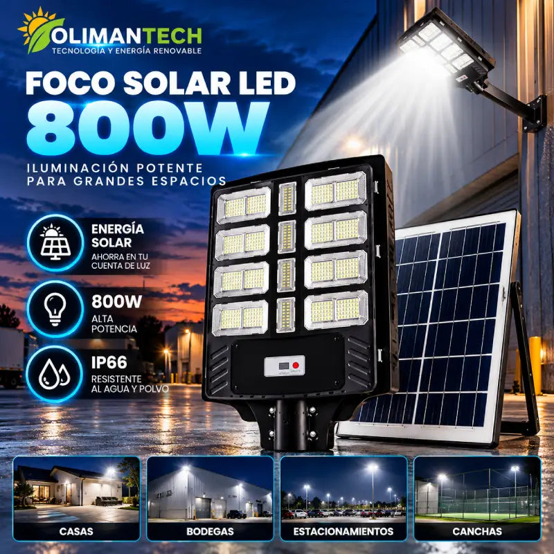 Pack x2 focos solares LED 800W con pedestal en funcionamiento al exterior sin electricidad – Olimantech