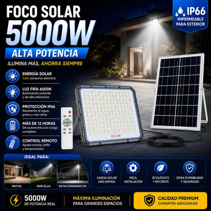 Foco Reflector Solar 5000W con Panel y Control Remoto | Luz Fria IP66 Exterior