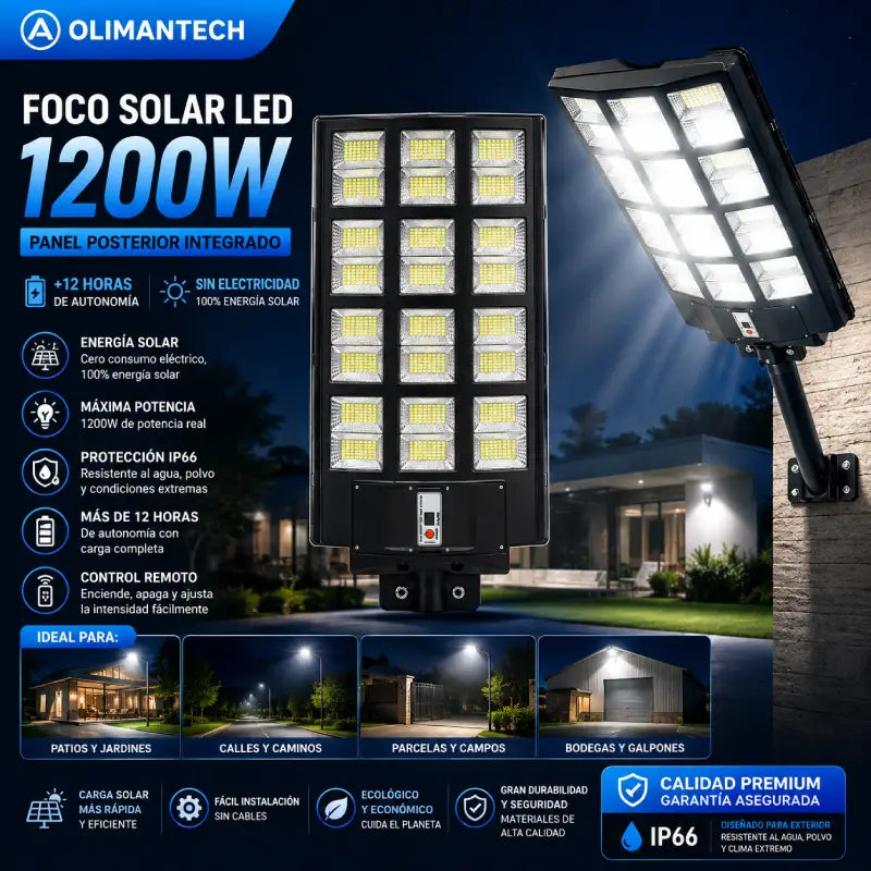 Foco Solar LED 1200W IP66 | 1152 LEDs | Panel Posterior Integrado | +12 Horas | Sin Electricidad
