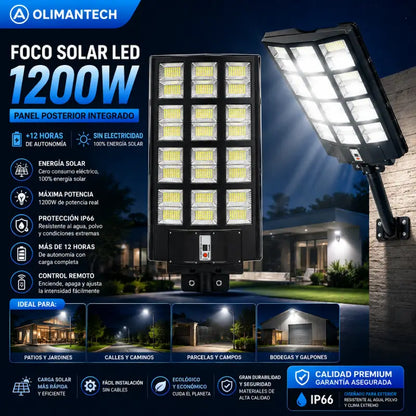 Foco Solar LED 1200W IP66 | 1152 LEDs | Panel Posterior Integrado | +12 Horas | Sin Electricidad