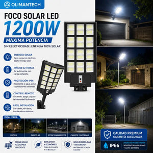 Foco Solar LED 1200W IP66 | 1152 LEDs | Panel Posterior Integrado | +12 Horas | Sin Electricidad