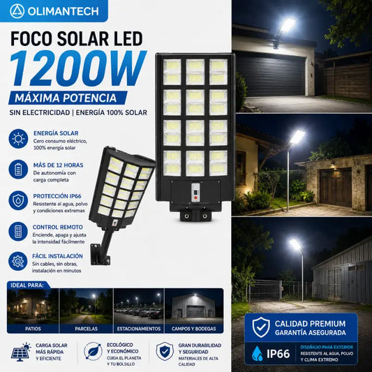 Foco Solar LED 1200W IP66 | 1152 LEDs | Panel Posterior Integrado | +12 Horas | Sin Electricidad