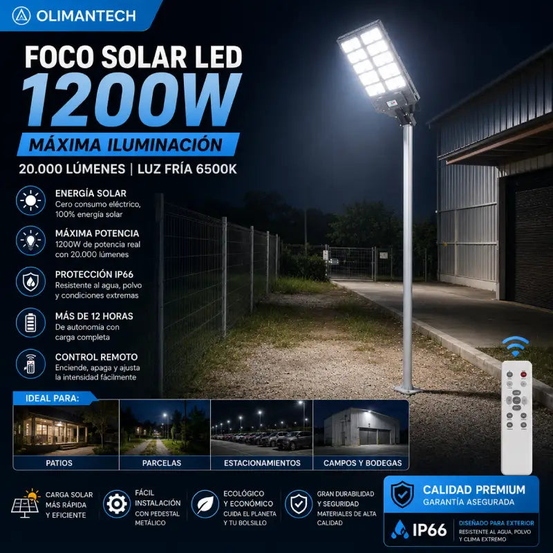 Foco Solar LED 1200W IP66 con Pedestal Metálico y Control Remoto | 20.000 Lúmenes | Exterior Chile