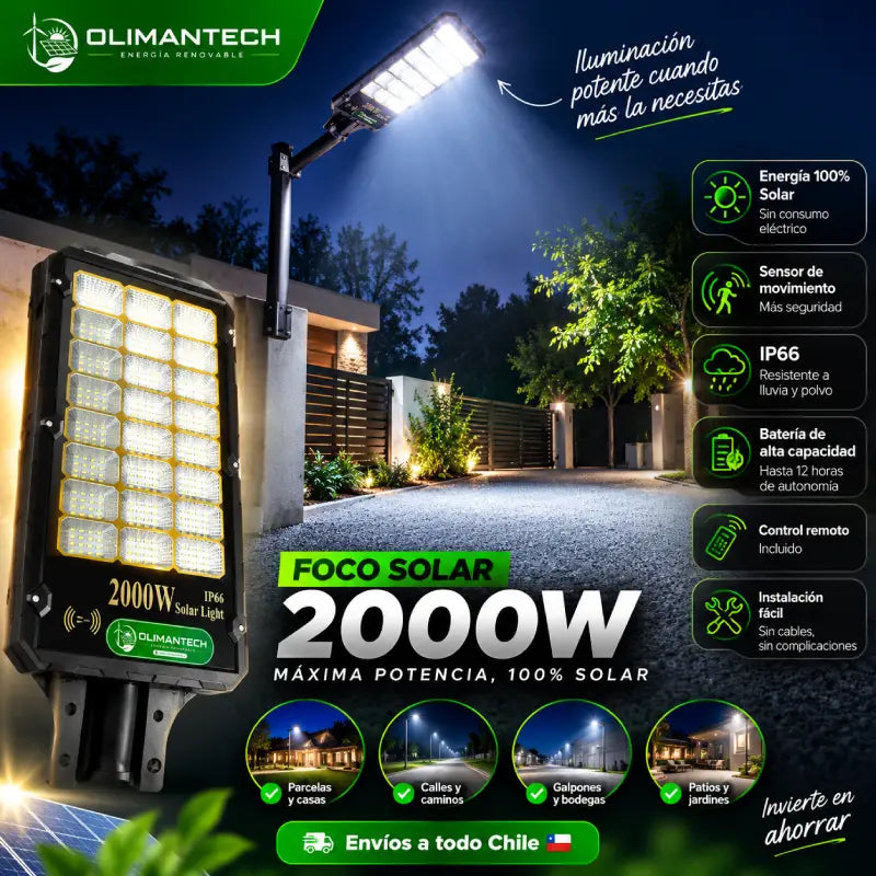 Foco Solar LED 2000W para Poste | Sensor Movimiento | IP66 | Sin Electricidad
