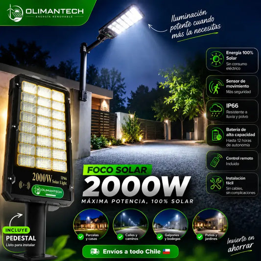 Foco Solar LED 2000W para Poste | Sensor Movimiento | IP66 | Sin Electricidad
