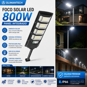 Foco Solar LED 800W IP66 | Panel Integrado | +8 Horas | Control Remoto | Exterior Chile