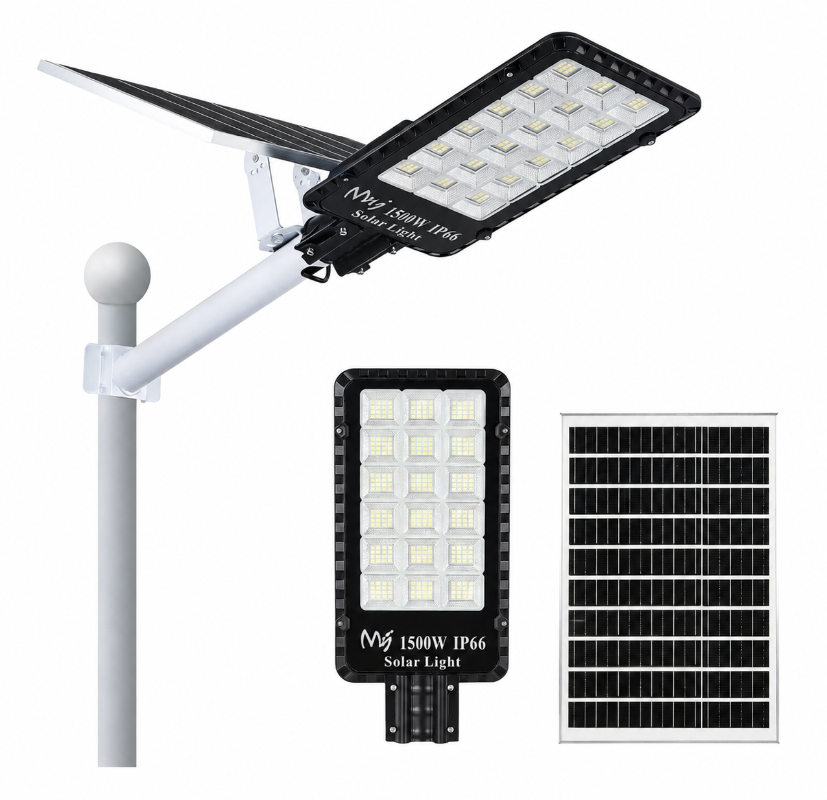 Foco solar LED 1500W IP66 Olimantech instalado en poste con panel solar