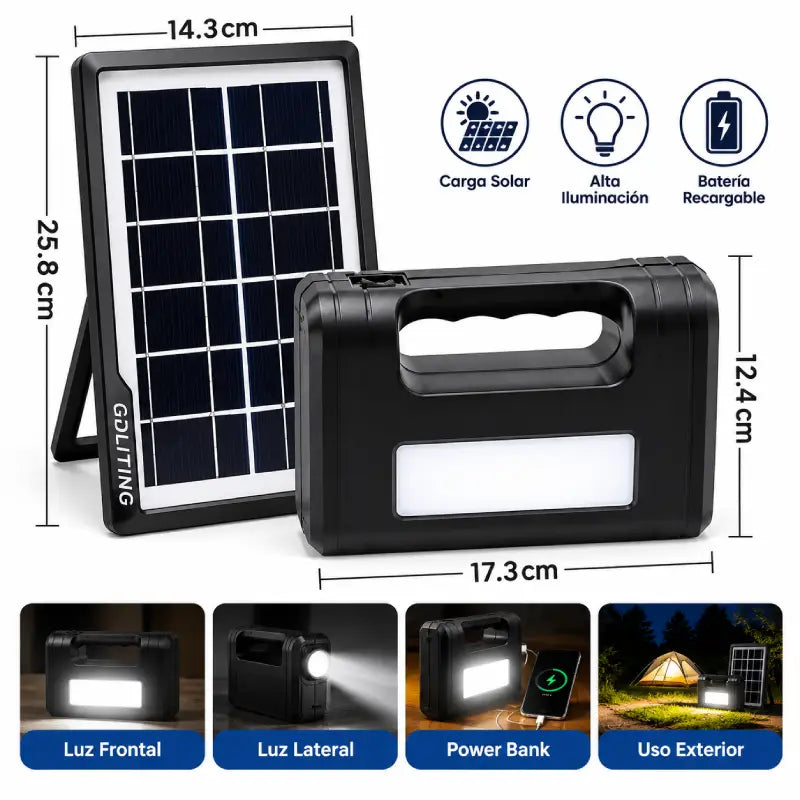 Kit solar portátil de emergencia con panel solar, batería y ampolletas LED