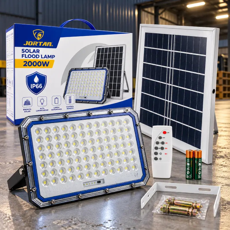Foco solar LED 2000W iluminando un entorno industrial de noche