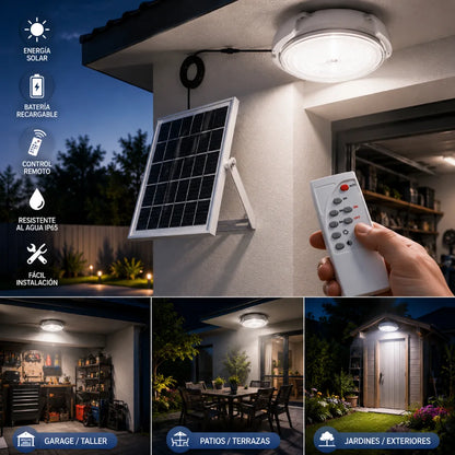 Lámpara solar de techo instalada en patio techado con panel solar externo – Olimantech