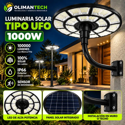 Foco solar redondo tipo UFO 1000W IP66 para muro y poste