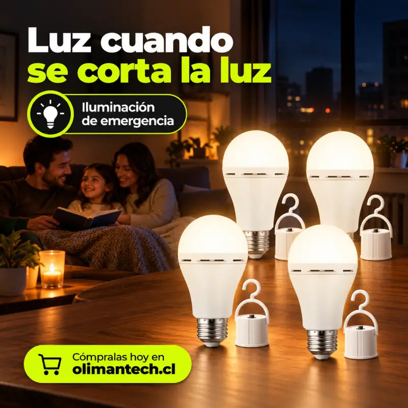 Ampolletas LED de emergencia recargables iluminando una sala familiar durante un corte de luz