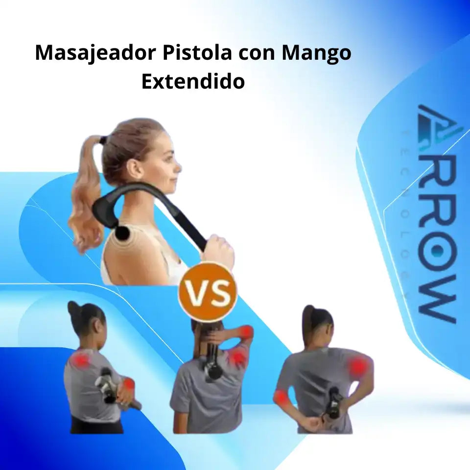 Masajeador muscular tipo pistola con mango extendido y pantalla digital LCD táctil, diseñado para proporcionar masajes personalizados y aliviar la tensión muscular