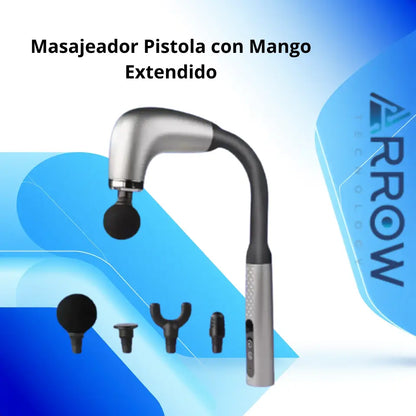 Masajeador muscular tipo pistola con mango extendido y pantalla digital LCD táctil, diseñado para proporcionar masajes personalizados y aliviar la tensión muscular
