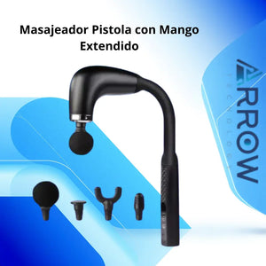 Masajeador muscular tipo pistola con mango extendido y pantalla digital LCD táctil, diseñado para proporcionar masajes personalizados y aliviar la tensión muscular