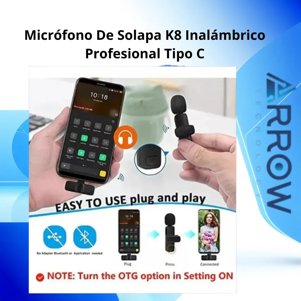 Micrófono de solapa K8 inalámbrico profesional con conector tipo C, ideal para grabaciones y transmisiones de audio de alta calidad en cualquier situación