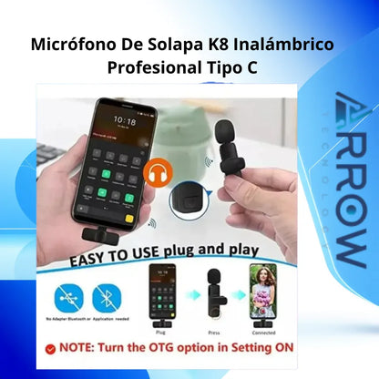 Micrófono de solapa K8 inalámbrico profesional con conector tipo C, ideal para grabaciones y transmisiones de audio de alta calidad en cualquier situación