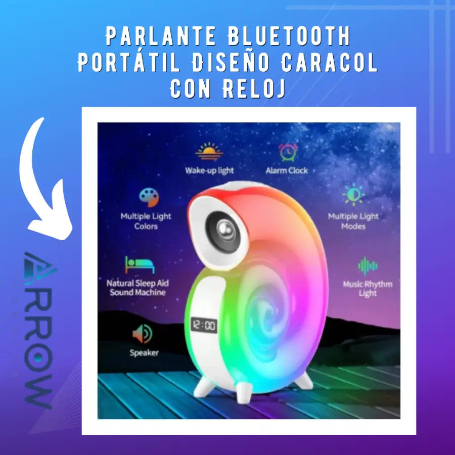 Parlante Bluetooth portátil con diseño de caracol y reloj integrado, ideal para disfrutar de música sobre la marcha con estilo y funcionalidad