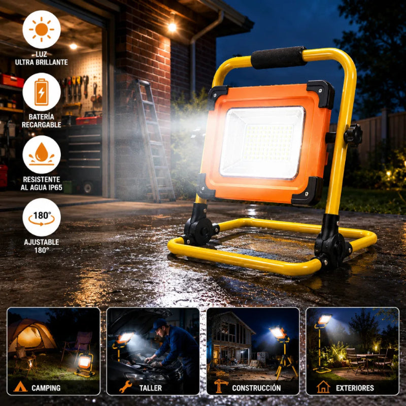 Proyector solar portátil con soporte ajustable para camping y obras – Olimantech
