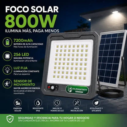 Reflector Foco Solar LED 800W con Panel Solar Separado | IP66 | Sensor de Movimiento | Control Remoto
