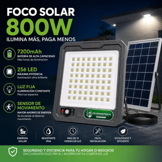 Reflector Foco Solar LED 800W con Panel Solar Separado | IP66 | Sensor de Movimiento | Control Remoto