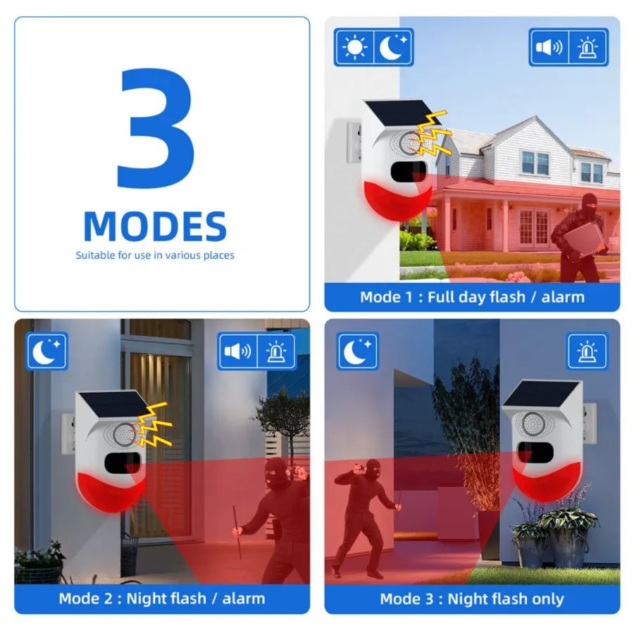 🛡️ Alarma Solar Exterior con Sensor PIR, 120dB y Control Remoto – Seguridad Autónoma y Sin Cables - Olimantech
